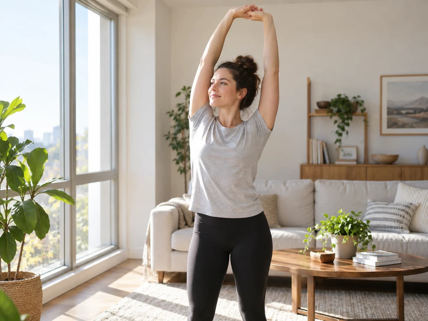 Woman taking a gentle stretch break in a sunlit living room