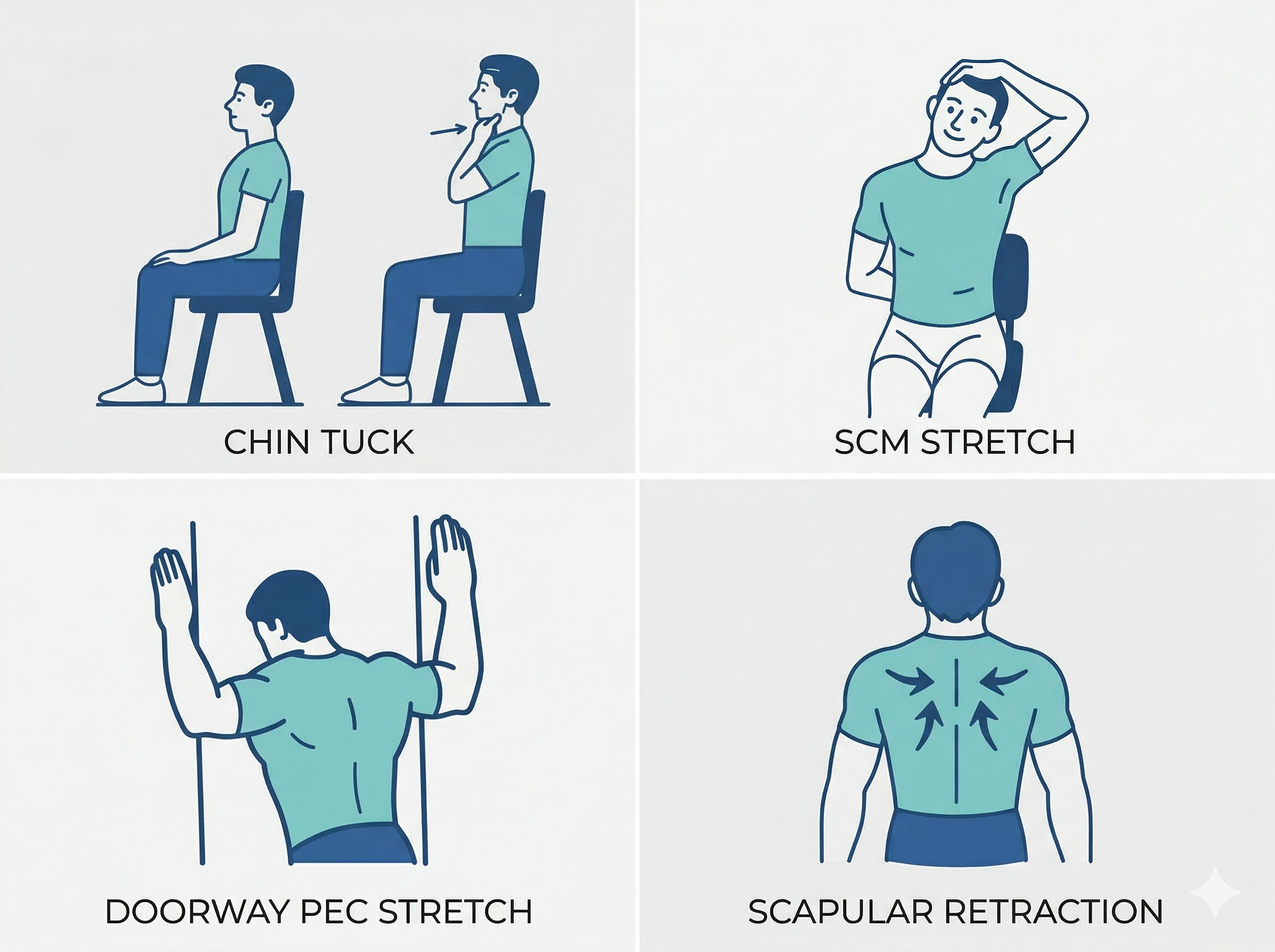 Infographic showing four evidence-based tech neck exercises: chin tuck, SCM stretch, pec stretch, and scapular retraction